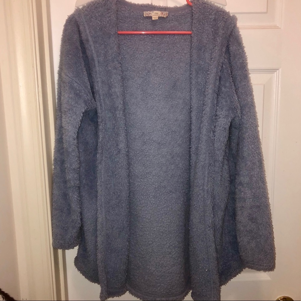 blue fuzzy hooded cardigan